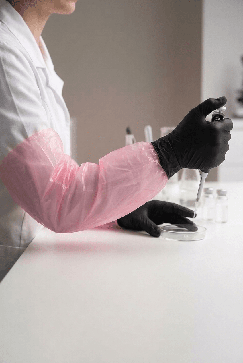 Guante largo PEI en uso durante un procedimiento de laboratorio