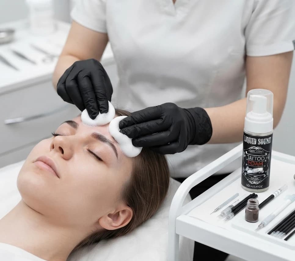 Profesional de PMU preparando la zona de las cejas con Tattoo Foam en un estudio