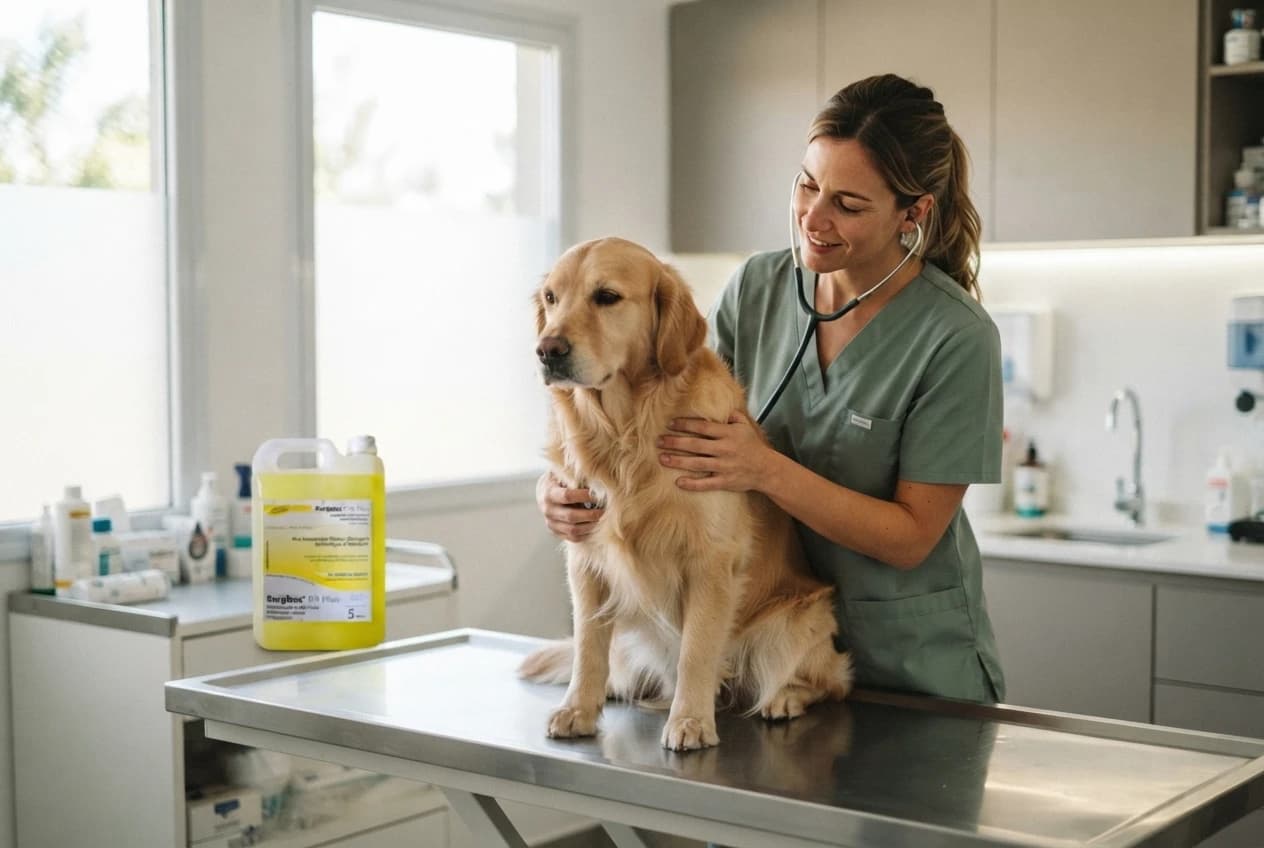 Veterinaria revisando a un perro sobre la mesa de acero de la clínica, con un bidón de Surgibac en la mesada
