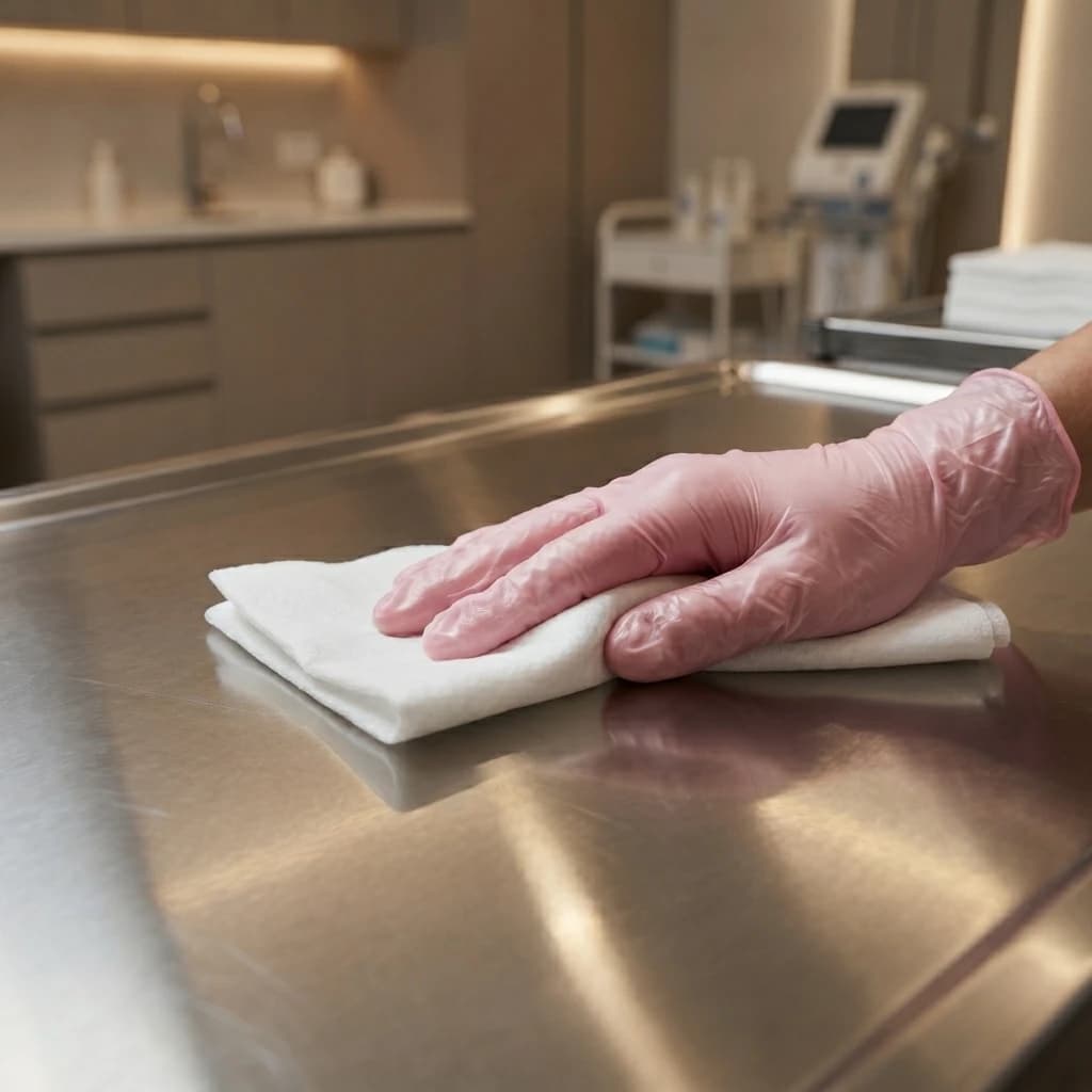 Mano con guante limpiando una mesa de acero inoxidable con un paño profesional